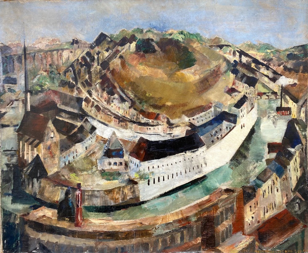 Cubist cityscape, circa 1940 figures overlooking spiralling city modernist French woman artist oil on canvas View VII