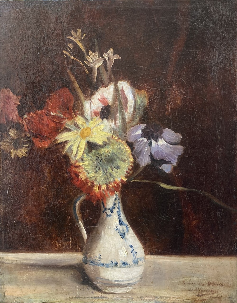 Elegant art nouveau period floral still life circa 1890, mixed flowers in a vase oil on canvas