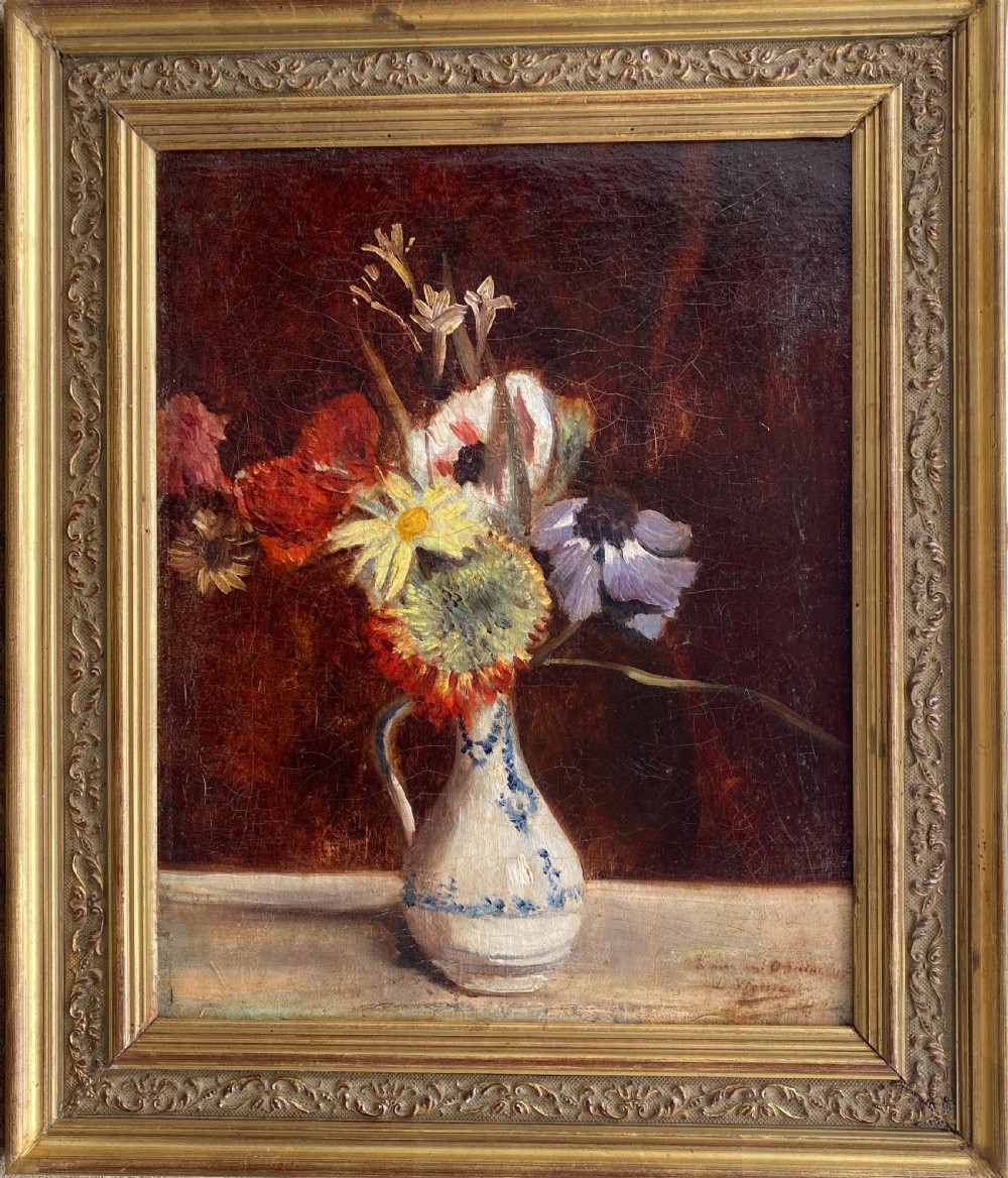 Elegant art nouveau period floral still life circa 1890, mixed flowers in a vase oil on canvas View IV