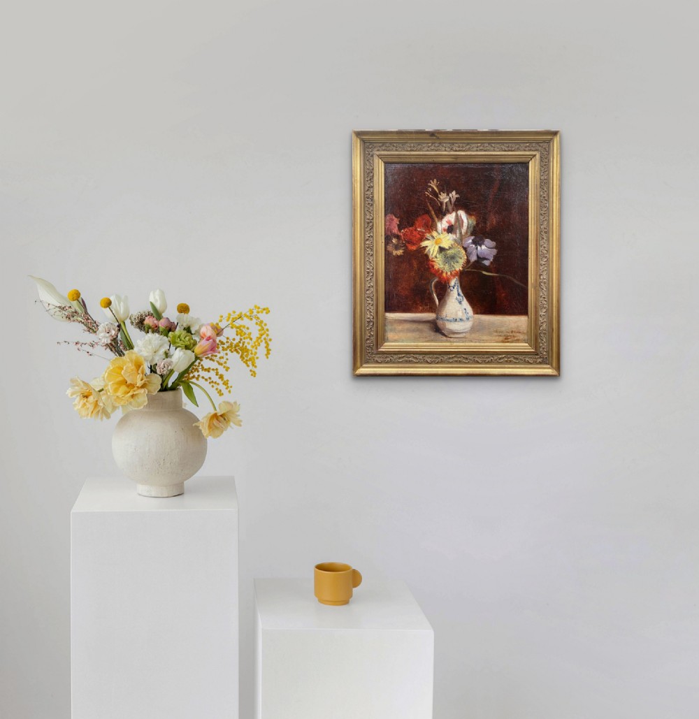 Elegant art nouveau period floral still life circa 1890, mixed flowers in a vase oil on canvas View V