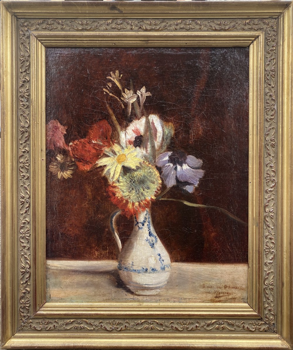 Elegant art nouveau period floral still life circa 1890, mixed flowers in a vase oil on canvas View VII