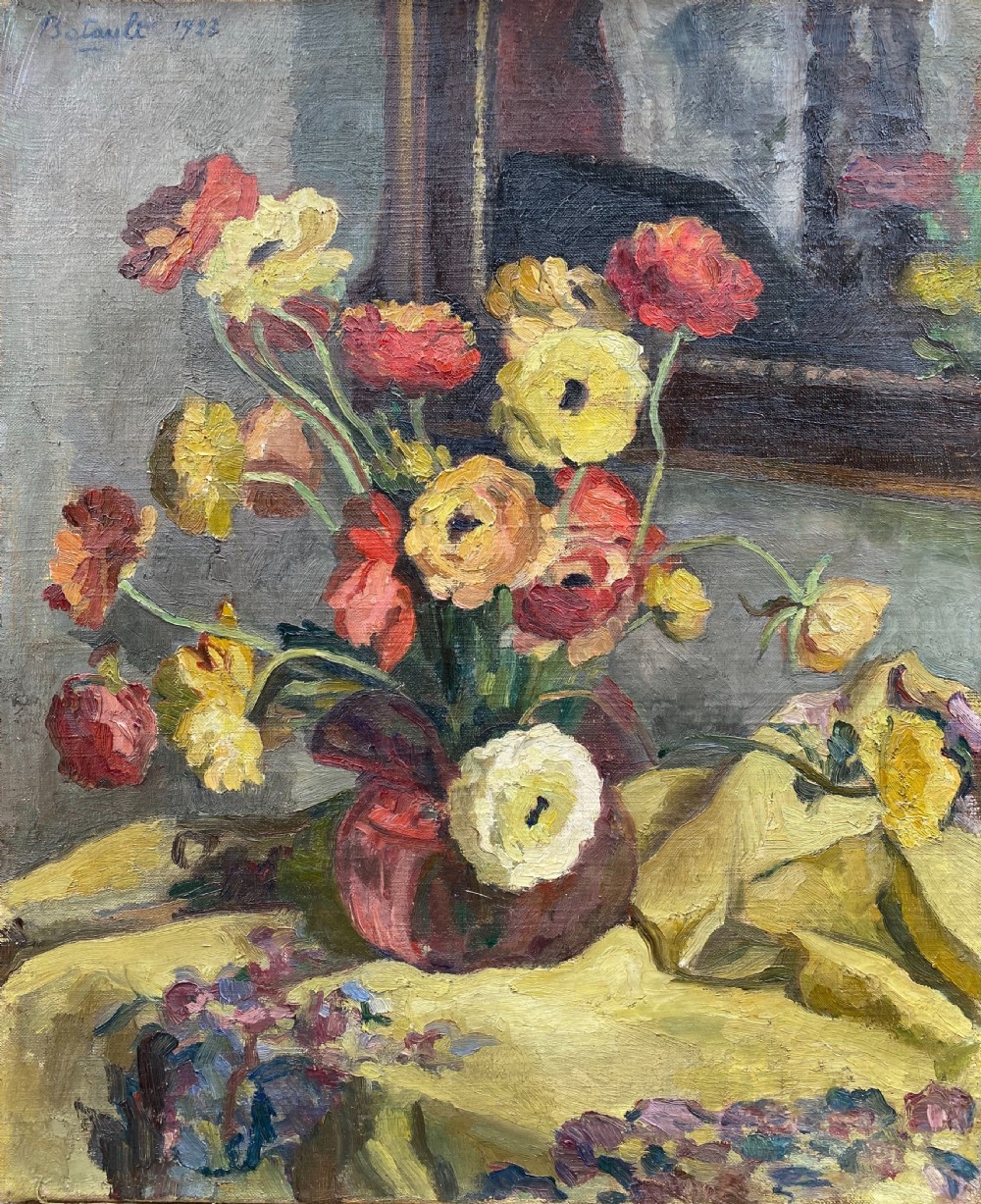 Anemones, 1923, art deco period floral composition by Franco Swiss woman artist still life oil on canvas
