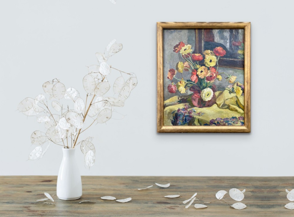 Anemones, 1923, art deco period floral composition by Franco Swiss woman artist still life oil on canvas View V