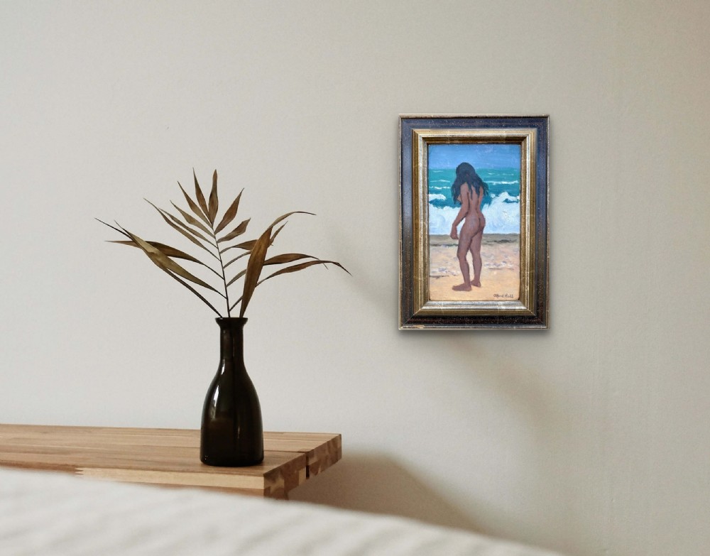 The Bather: British modernist, miniature masterpiece, beach and waves, seascape oil on panel View VI