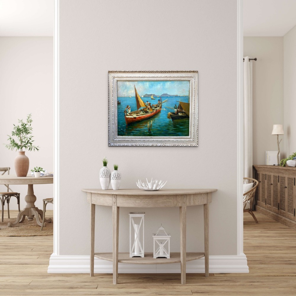 Boats and Fishermen off the Cote d'Azur coast, ca 1938, the South of France, large colourful mediterranean seascape oil on board
 View VIII