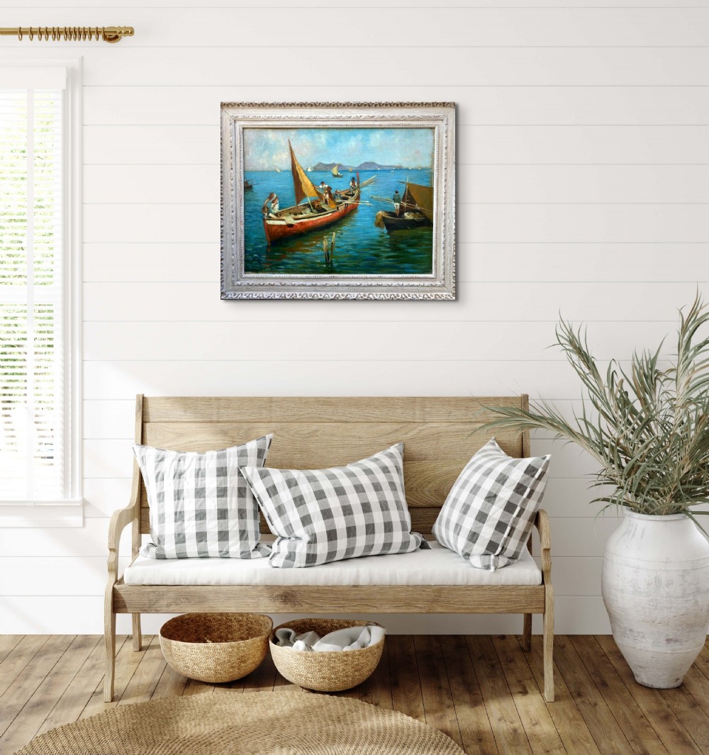 Boats and Fishermen off the Cote d'Azur coast, ca 1938, the South of France, large colourful mediterranean seascape oil on board
 View IX