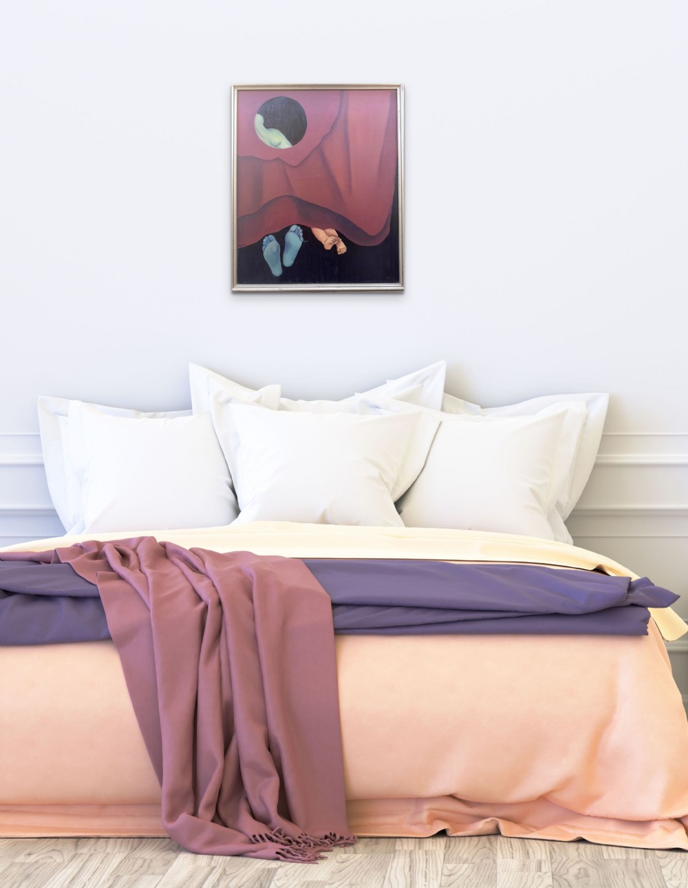 A mid-century surrealist oil painting on canvas featuring deep red drapery revealing a circular cutout with a figure, alongside painted feet in blue and natural flesh tones. View VII