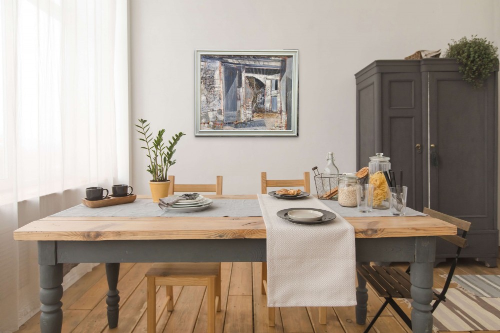 A mid-century French modernist oil painting on canvas depicting a rustic barn interior and exterior structure in muted grey and neutral tones, housed within a painted light grey wooden frame. View VII