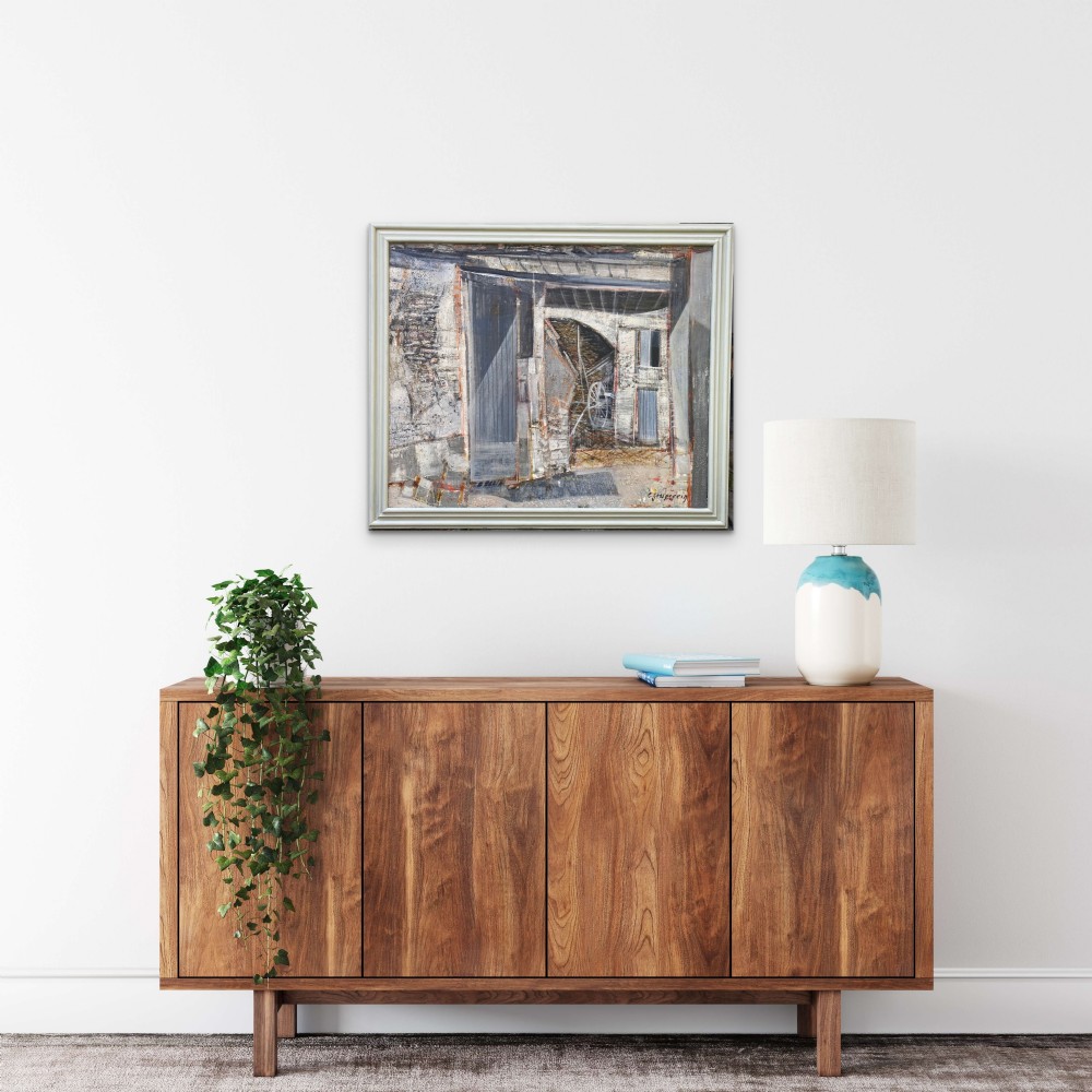 A mid-century French modernist oil painting on canvas depicting a rustic barn interior and exterior structure in muted grey and neutral tones, housed within a painted light grey wooden frame. View VIII
