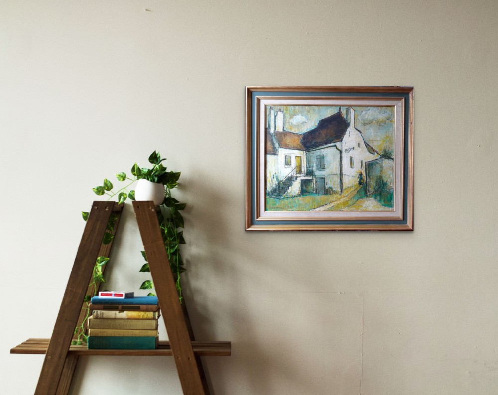 Gardening at the old Farmhouse: large mid century modern abstracted oil on canvas manner View IX