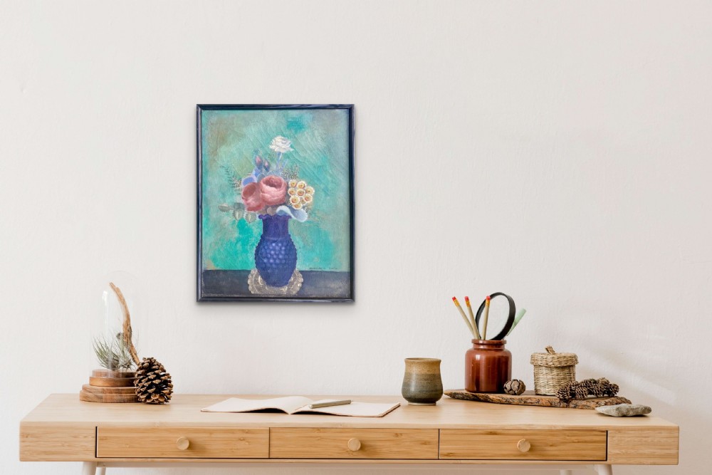 Guileless grace: 1930s art deco period floral still life woman artist oil on canvas View V