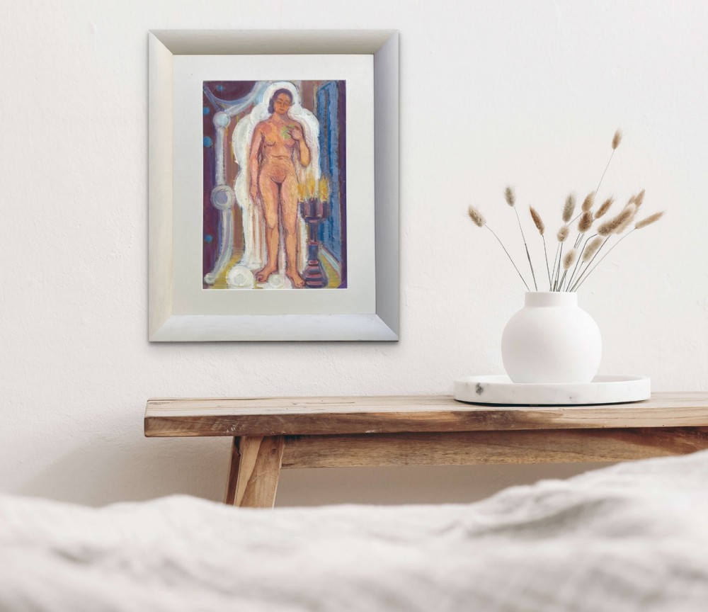 A full-length oil painting on paper depicting a standing female nude figure framed by white drapes against a background of blue, purple, and yellow accents. View VIII