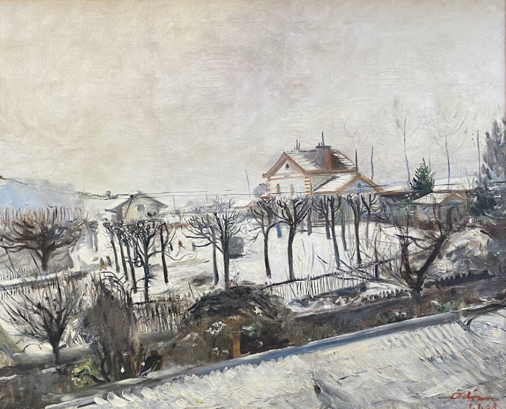 Masterpiece: snow in the suburbs, New Year's Day 1928, large Lowry like cityscape French oil on canvas