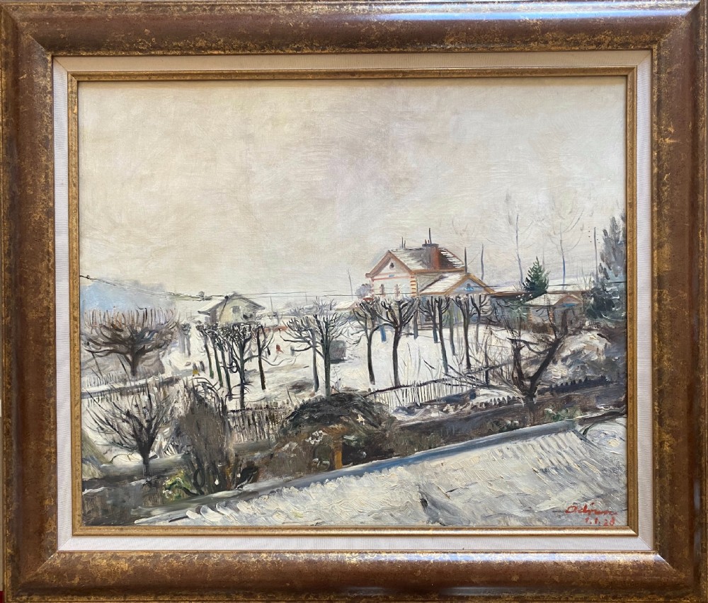 Masterpiece: snow in the suburbs, New Year's Day 1928, large Lowry like cityscape French oil on canvas View III