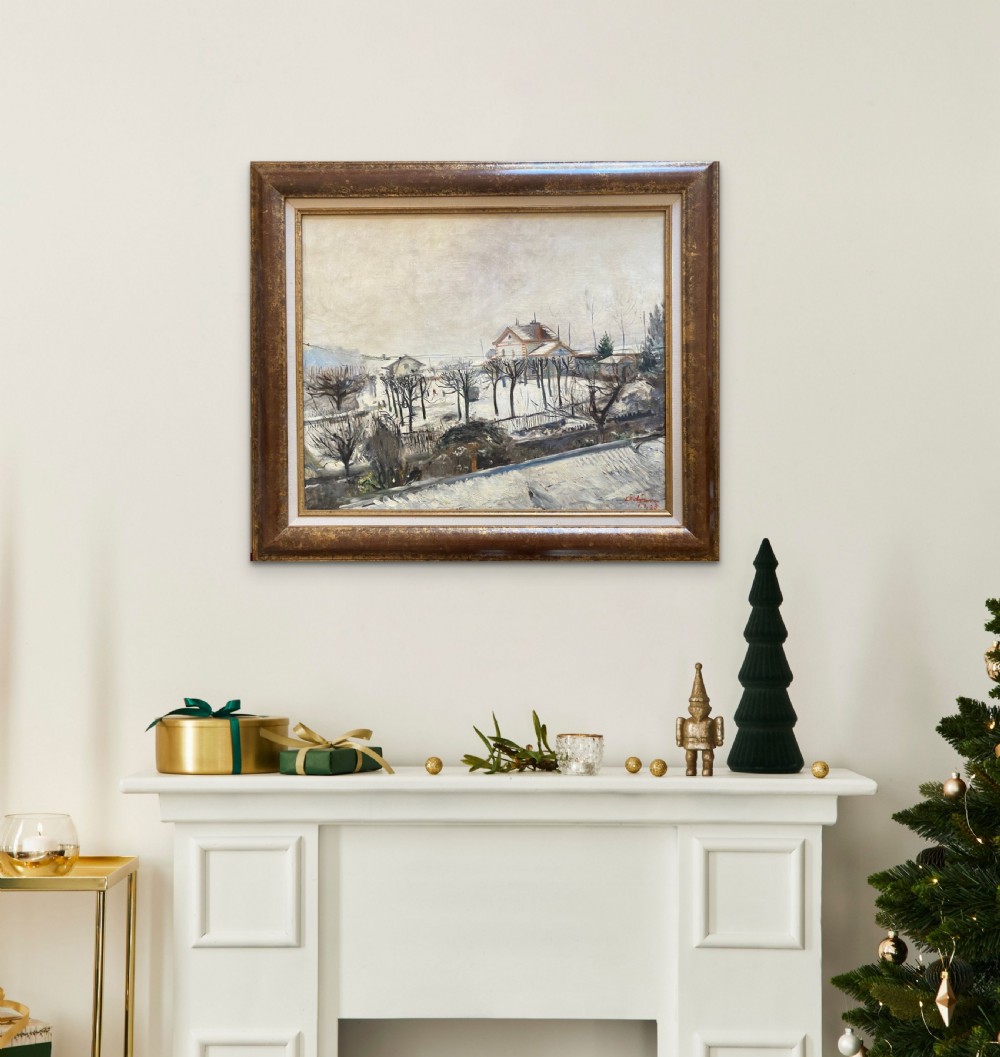 Masterpiece: snow in the suburbs, New Year's Day 1928, large Lowry like cityscape French oil on canvas View VII