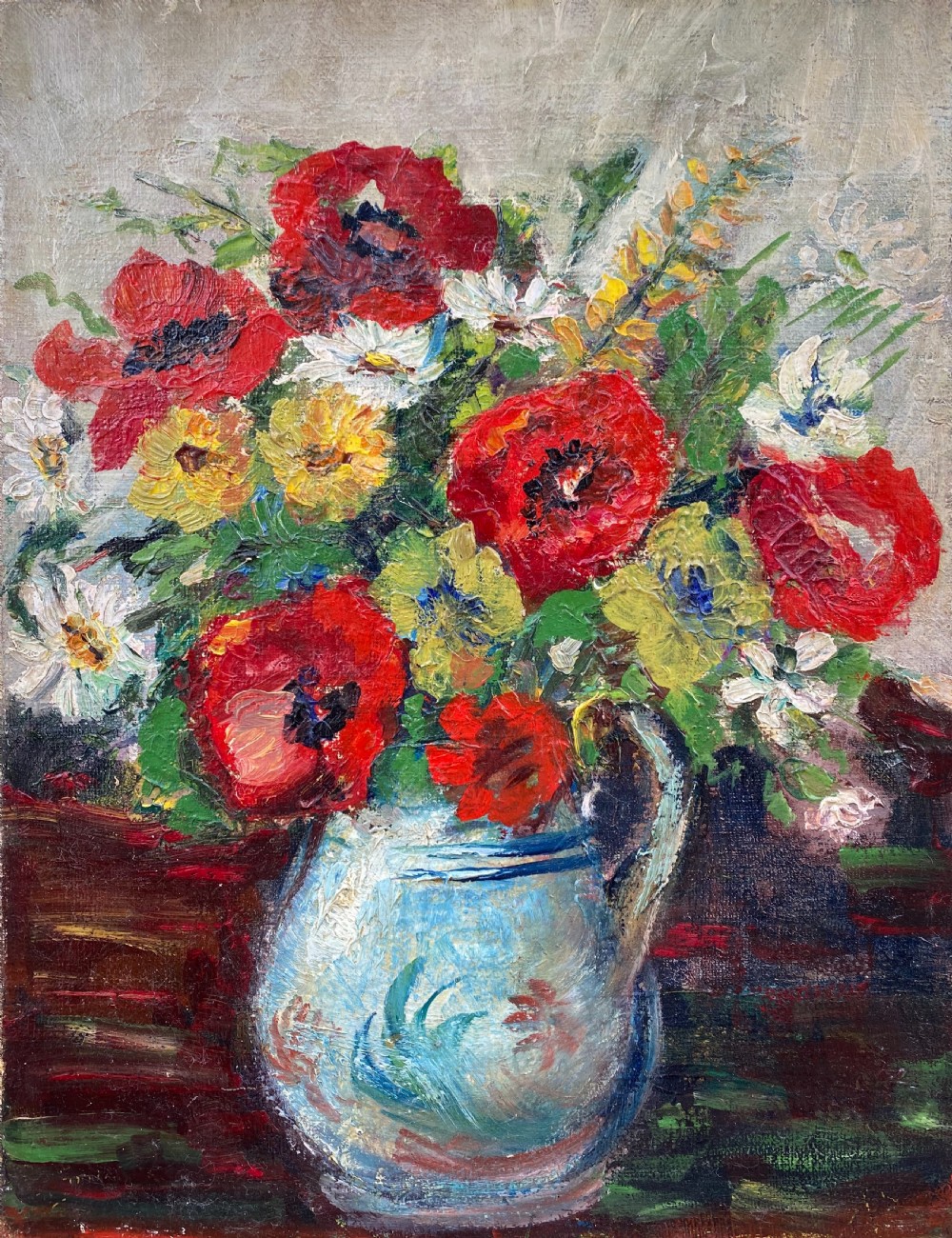 An Art Deco oil painting on canvas depicting red poppies and yellow country flowers inside a blue patterned ceramic jug.