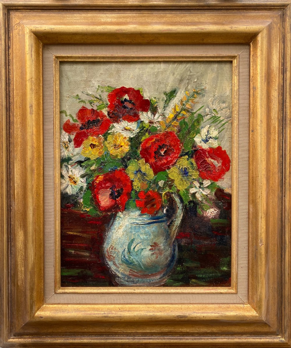 An Art Deco oil painting on canvas depicting red poppies and yellow country flowers inside a blue patterned ceramic jug. View II