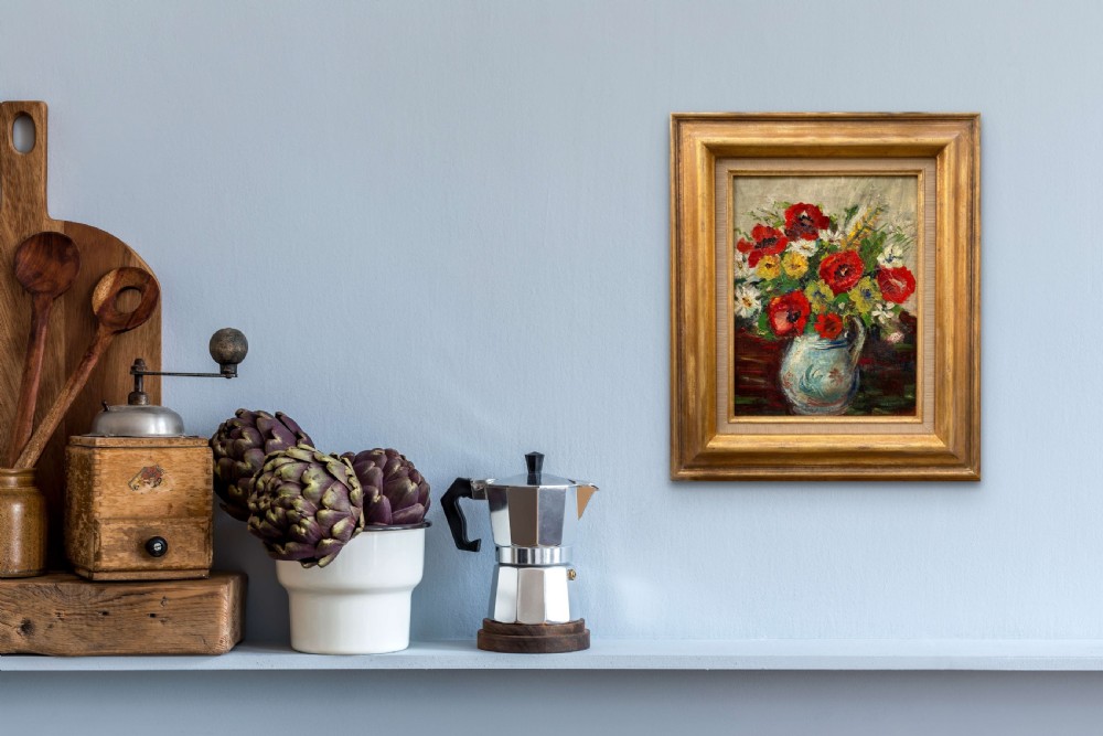 An Art Deco oil painting on canvas depicting red poppies and yellow country flowers inside a blue patterned ceramic jug. View VI