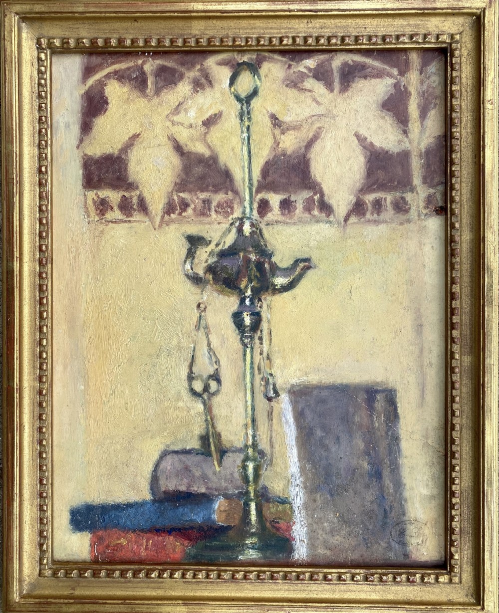 Symbolist and Literary still life, books and keys circa 1935, by French woman artist antique painting oil on board View II