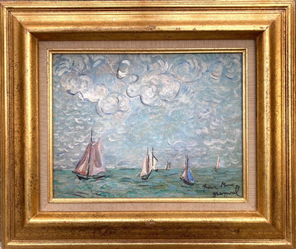 Fauve Seascape, 1937, boats under a big sky, joyous art deco period French oil on canvas
 View II