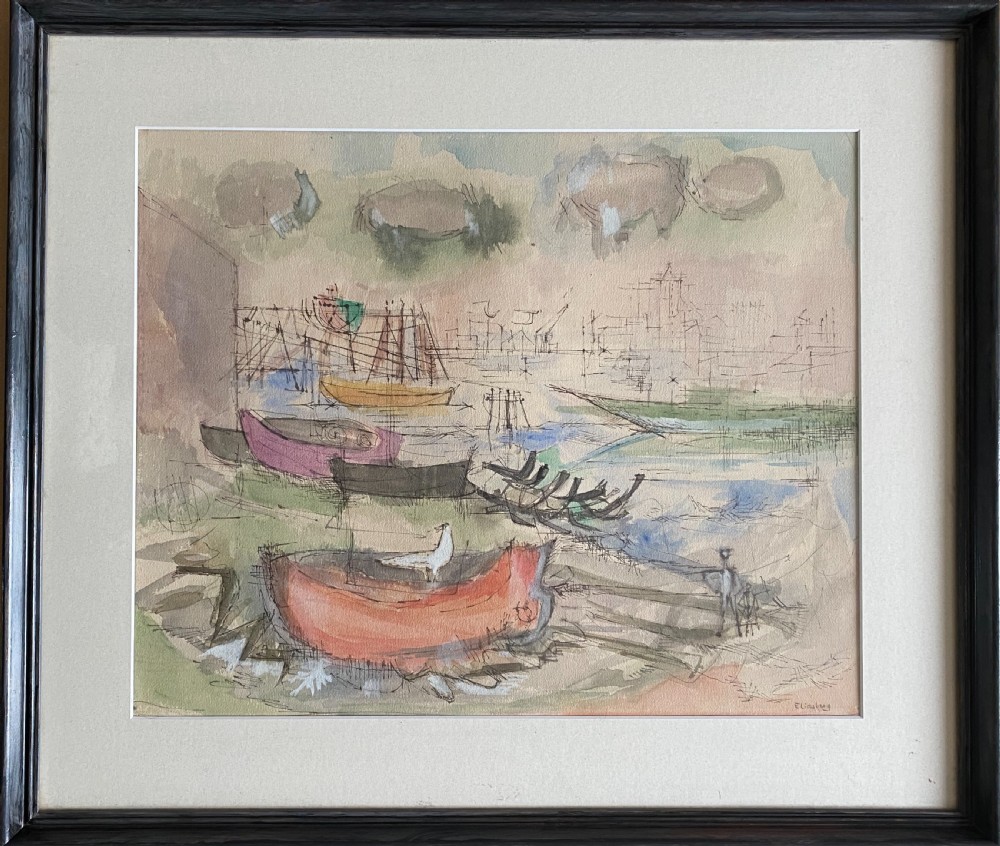 Visionary surrealism: imaginary landscape with boats, figures and gull ca 1958,  by Jewish German Expressionist mixed media watercolour and gouache on paper
 View II