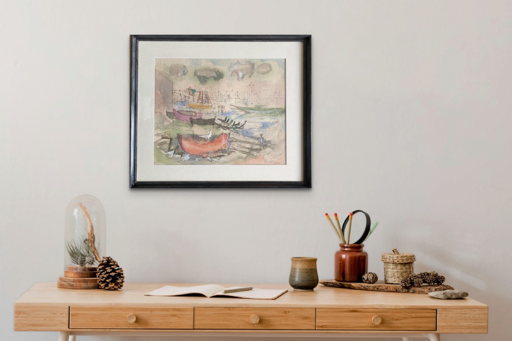 Visionary surrealism: imaginary landscape with boats, figures and gull ca 1958,  by Jewish German Expressionist mixed media watercolour and gouache on paper
 View IV