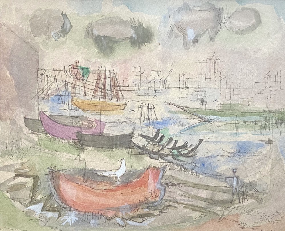 Visionary surrealism: imaginary landscape with boats, figures and gull ca 1958,  by Jewish German Expressionist mixed media watercolour and gouache on paper
 View IX