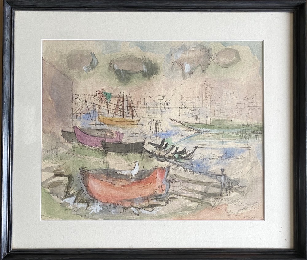 Visionary surrealism: imaginary landscape with boats, figures and gull ca 1958,  by Jewish German Expressionist mixed media watercolour and gouache on paper
 View VIII