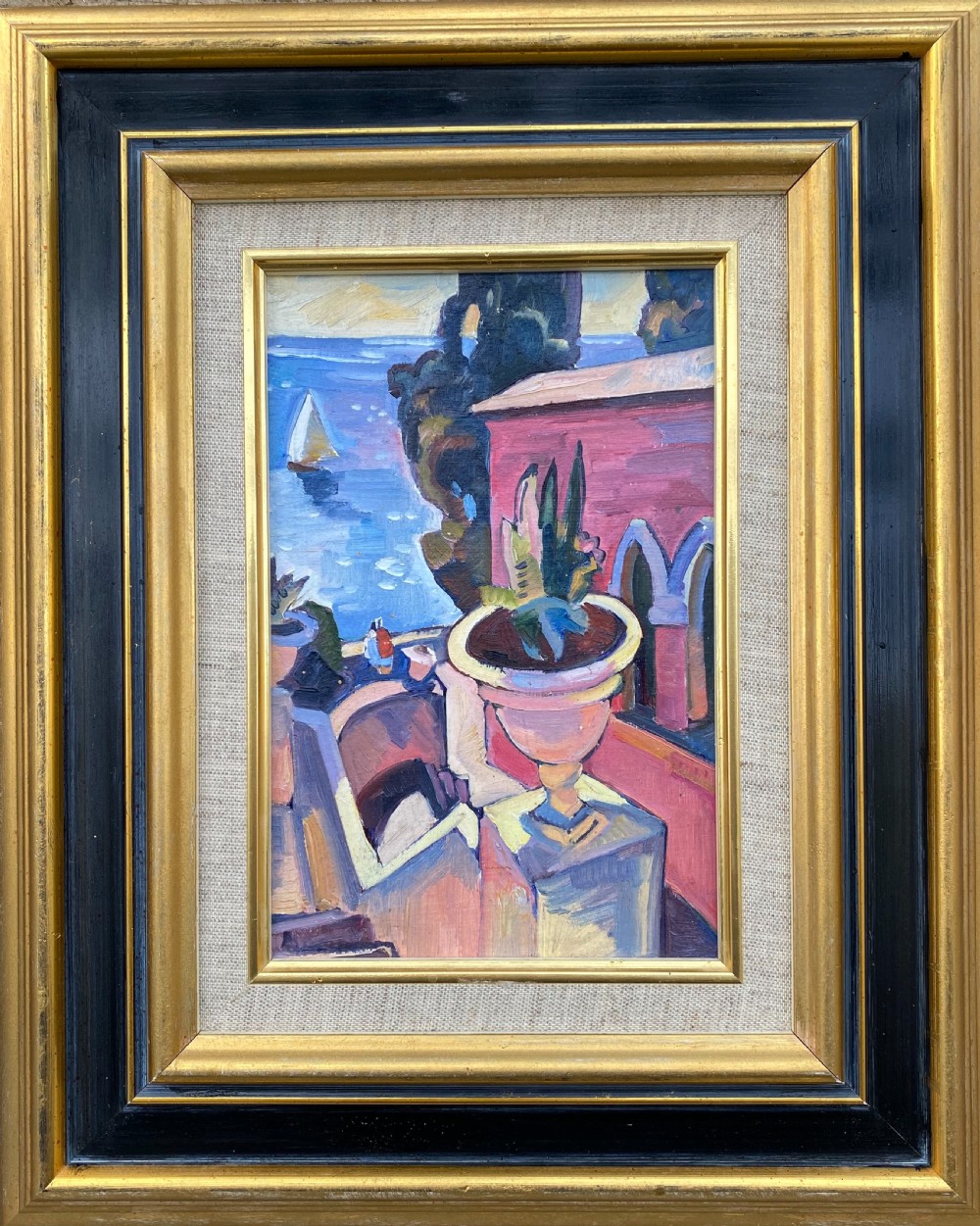 Summer on the Cote d'Azur, looking out over the sea, the South of France oil on board View II