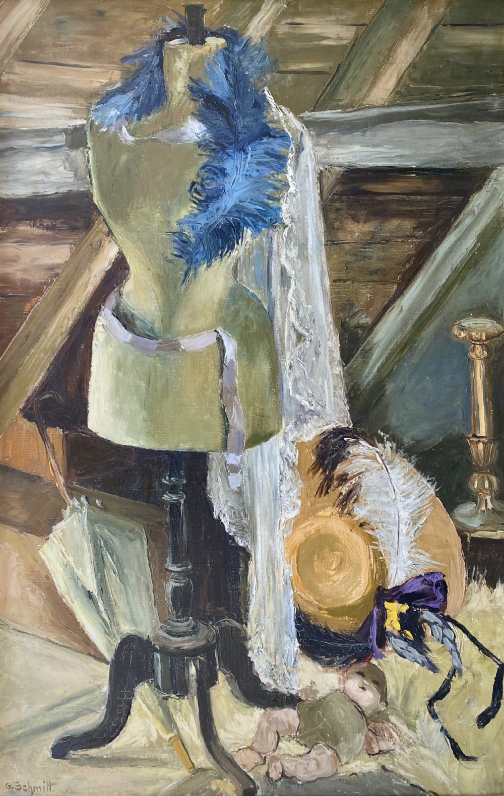 The old farmhouse attic, the eaves, circa 1950:  large striking French modernist oil on canvas