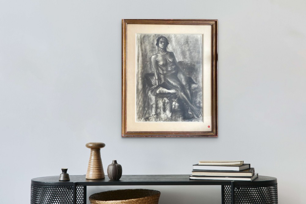 Powerful Black Art Deco Nude, the confident Model, ca 1930: large charcoal drawing  on paper View III