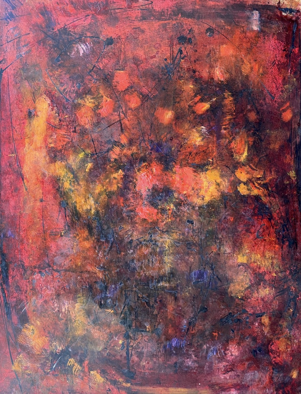 Large Vibrant Abstract Red - Abstracted modernist flowers, ca 1960 French oil on board