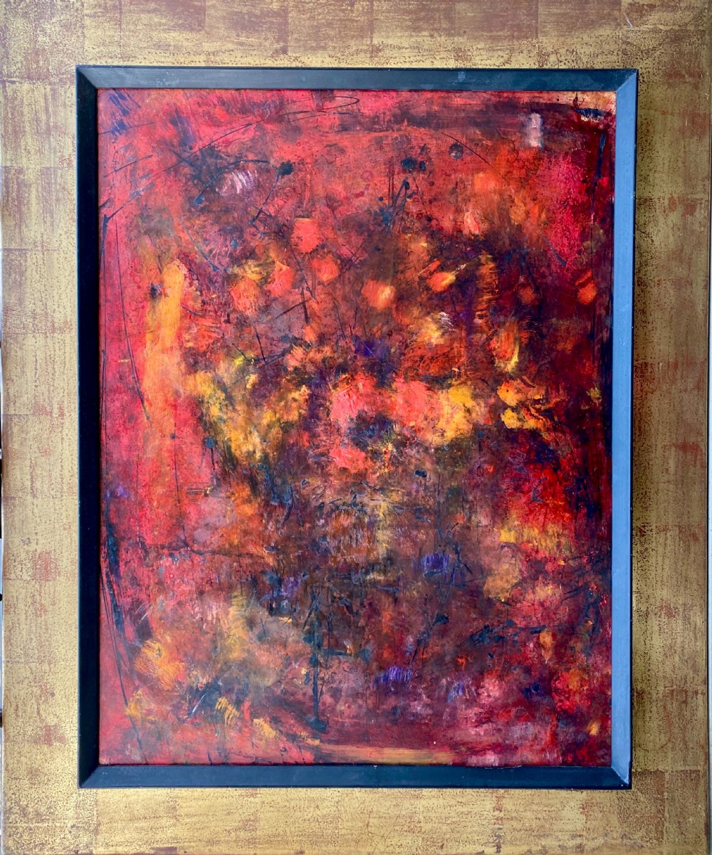 Large Vibrant Abstract Red - Abstracted modernist flowers, ca 1960 French oil on board View II