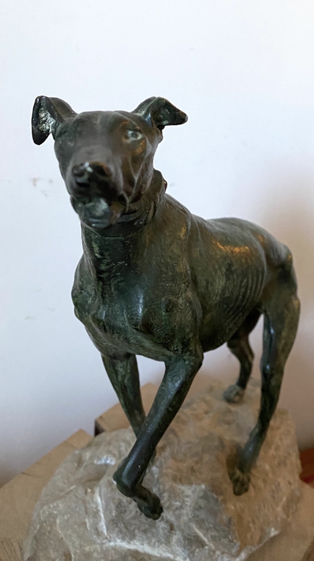 Greyhound, circa 1900: spelter dog sculpture by French animalier Prosper Lecourtier