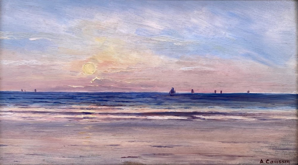 Sunrise over the sea, ca 1890, impressionist Marine Seascape oil on panel