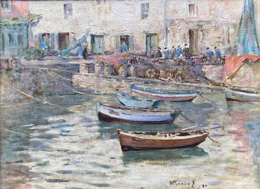 Sir Walter Westley Russell RA: Harbour Scene, Normandy, France 1930 oil on canvas