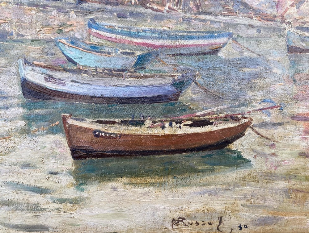 Sir Walter Westley Russell RA: Harbour Scene, Normandy, France 1930 oil on canvas View II