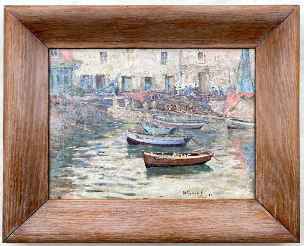 Sir Walter Westley Russell RA: Harbour Scene, Normandy, France 1930 oil on canvas View IV