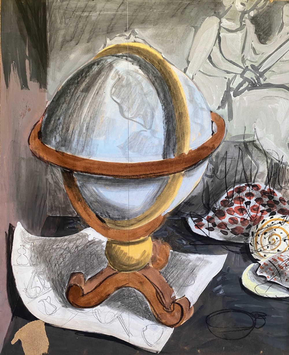 A 1939 French surrealist gouache painting depicting a terrestrial globe on a wooden stand alongside seashells and pencil sketches in grey, brown, and ochre shades.