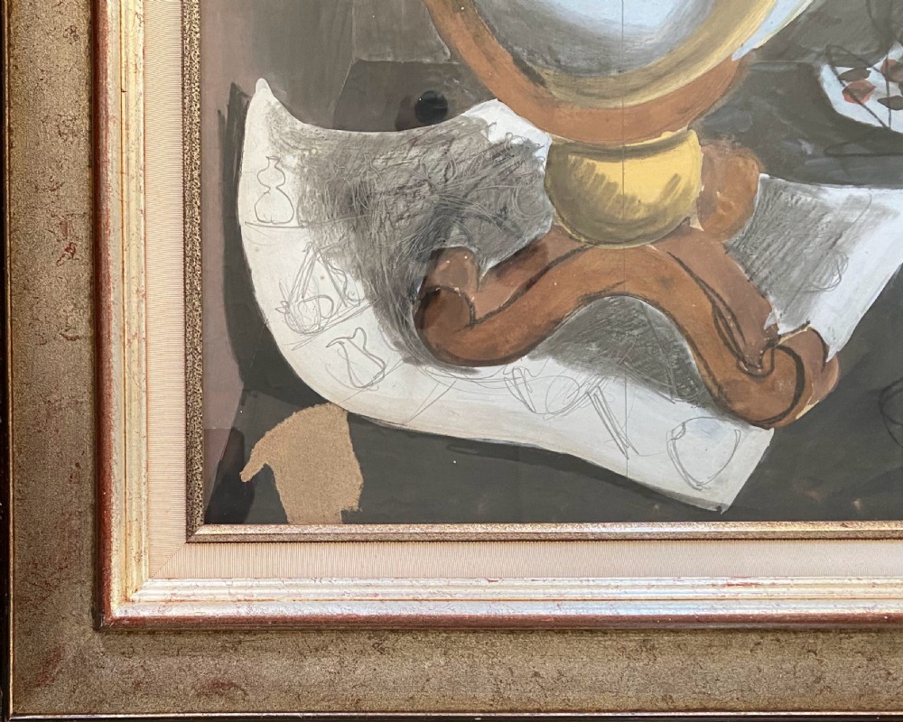 A 1939 French surrealist gouache painting depicting a terrestrial globe on a wooden stand alongside seashells and pencil sketches in grey, brown, and ochre shades. View III