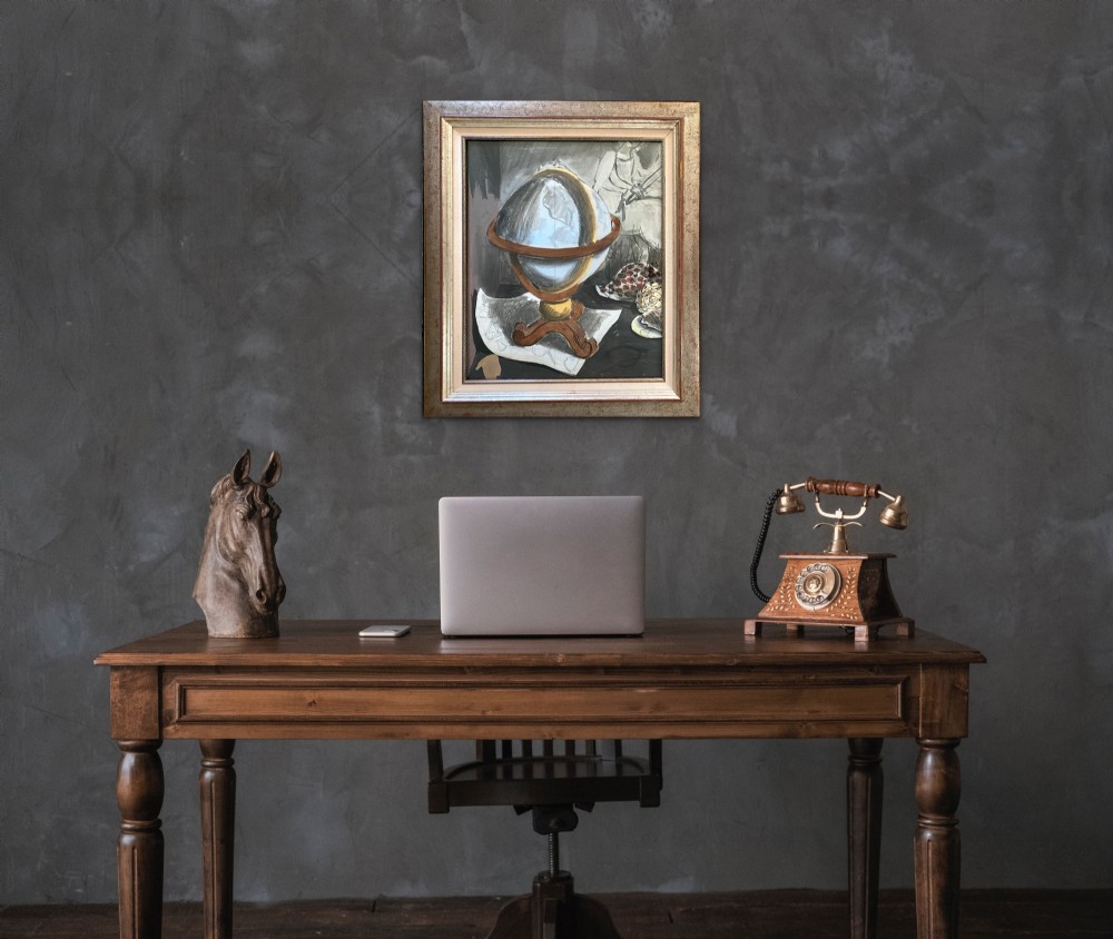 A 1939 French surrealist gouache painting depicting a terrestrial globe on a wooden stand alongside seashells and pencil sketches in grey, brown, and ochre shades. View V