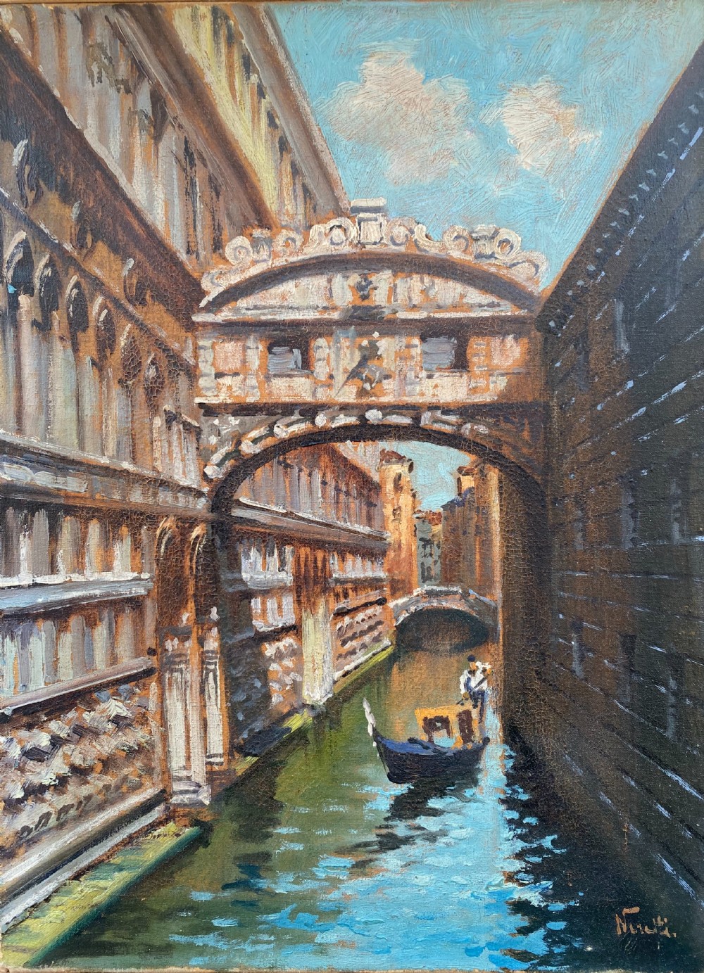 An oil painting depicting a gondola navigating a narrow Venetian canal beneath the carved stone Bridge of Sighs. View VII