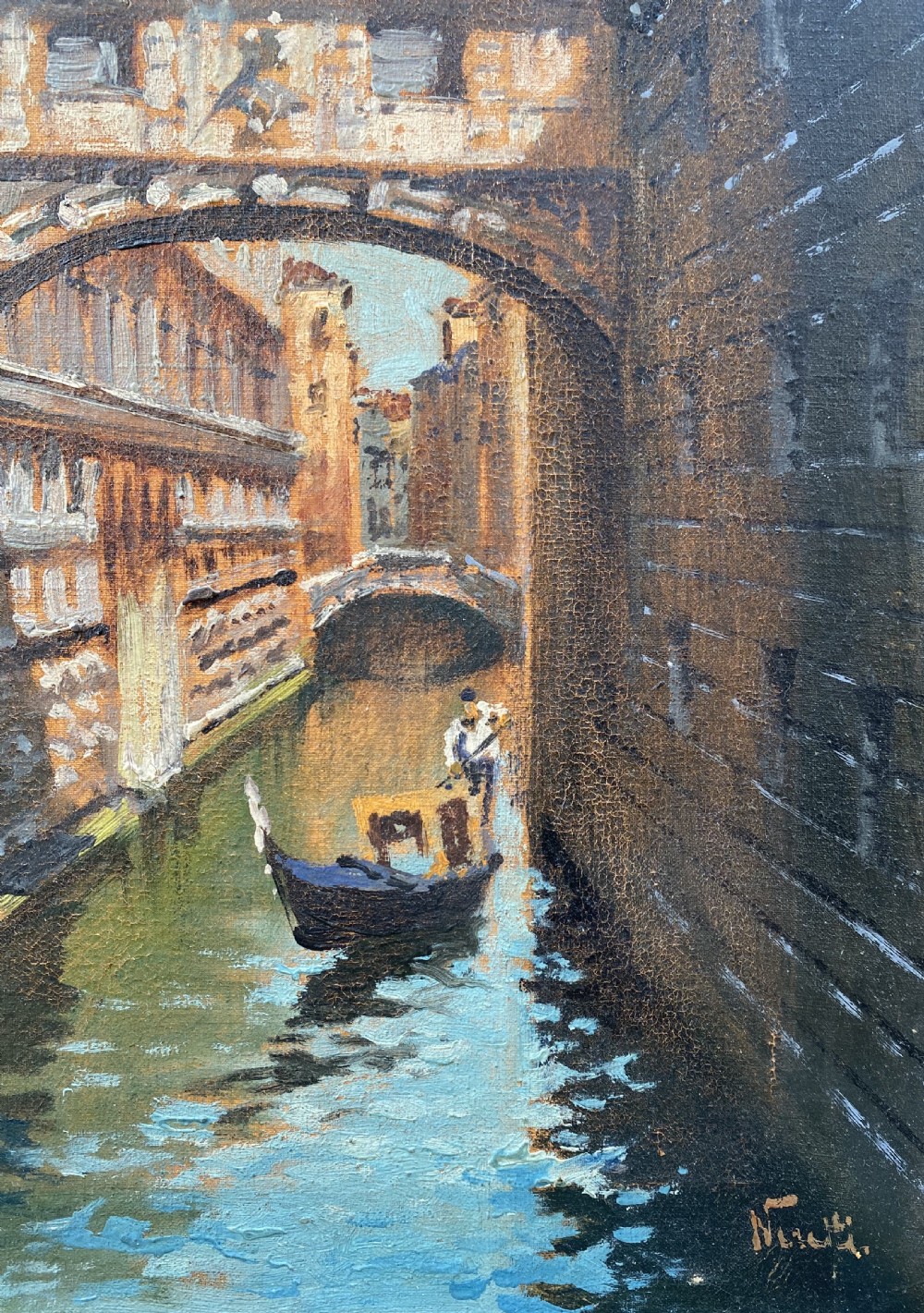 An oil painting depicting a gondola navigating a narrow Venetian canal beneath the carved stone Bridge of Sighs. View II