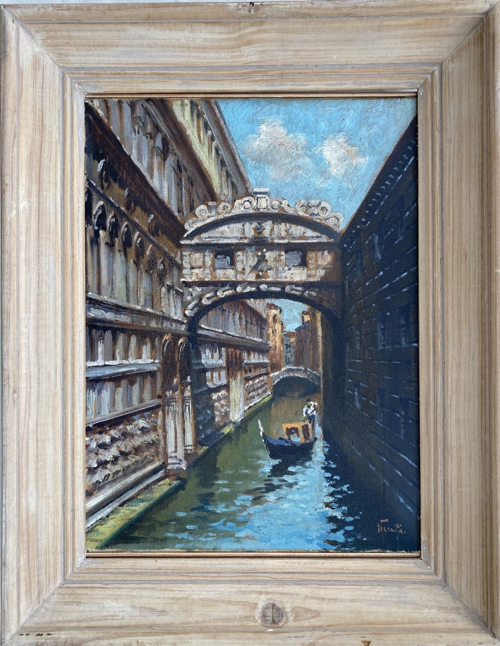 An oil painting depicting a gondola navigating a narrow Venetian canal beneath the carved stone Bridge of Sighs. View III