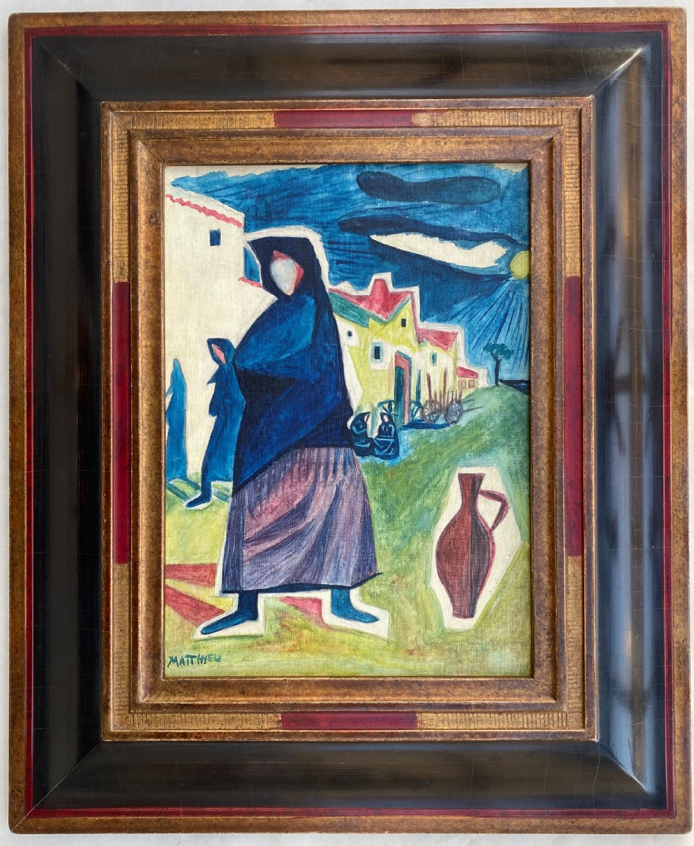 Surrealist composition ca 1949  beshawled women on a latin village street  oil on board View III