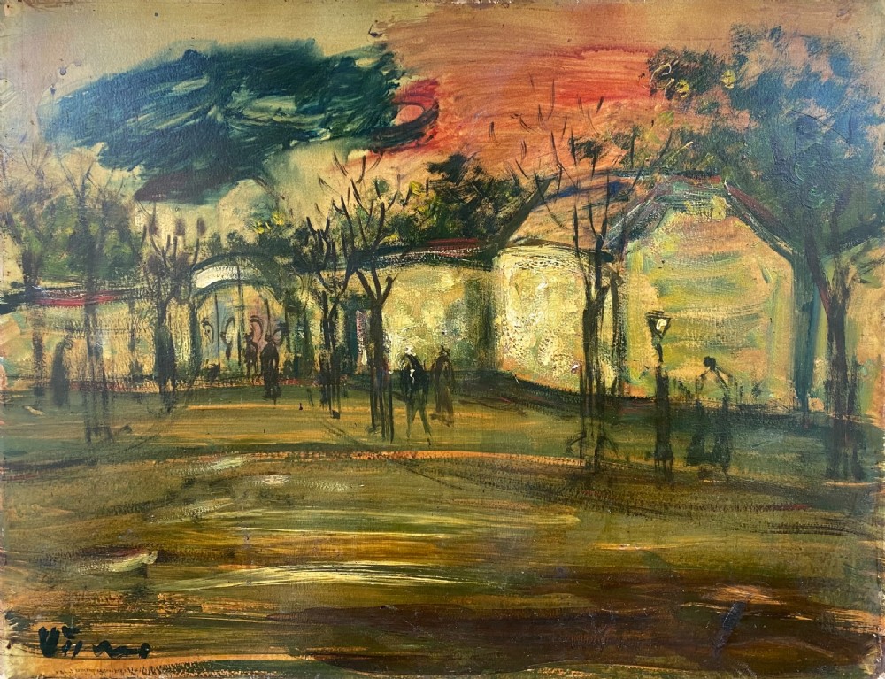 An expressionist oil painting on panel depicting silhouette figures walking through a park at sunset framed by trees and architectural arches.