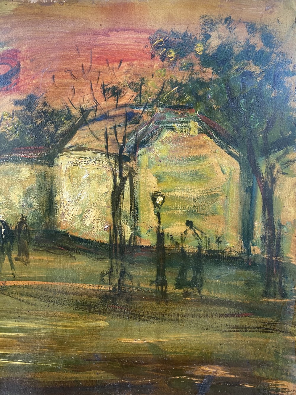 An expressionist oil painting on panel depicting silhouette figures walking through a park at sunset framed by trees and architectural arches. View II