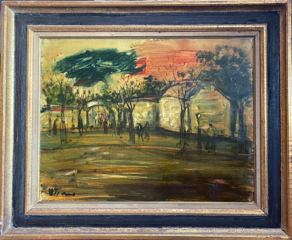 An expressionist oil painting on panel depicting silhouette figures walking through a park at sunset framed by trees and architectural arches. View III