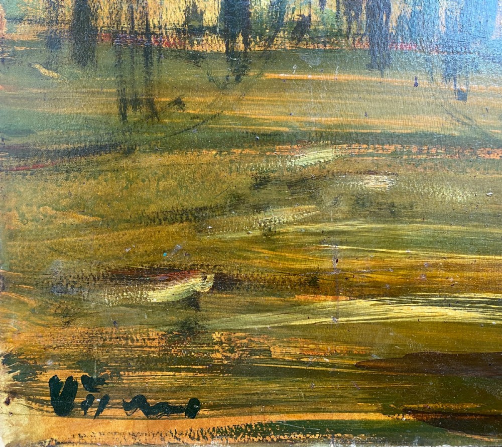 An expressionist oil painting on panel depicting silhouette figures walking through a park at sunset framed by trees and architectural arches. View IV