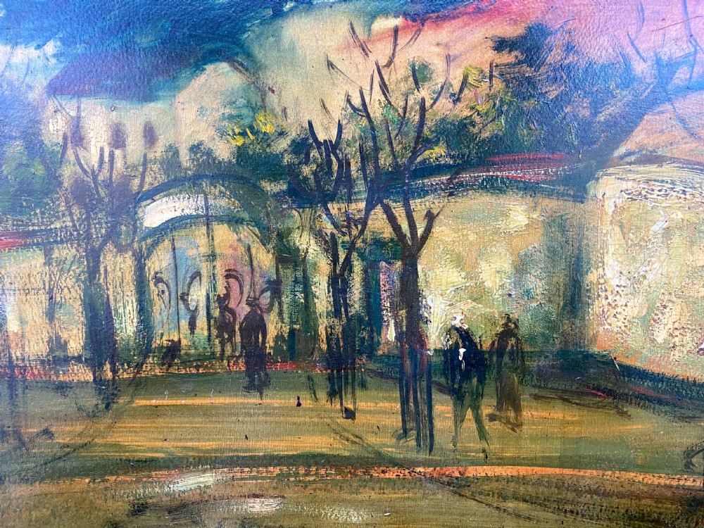An expressionist oil painting on panel depicting silhouette figures walking through a park at sunset framed by trees and architectural arches. View V